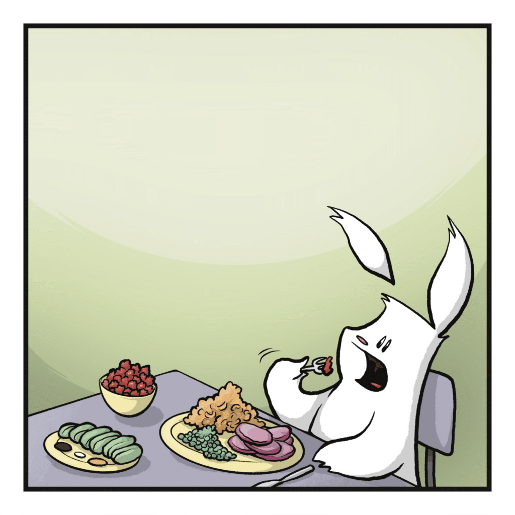A rabbit takes the first bite.