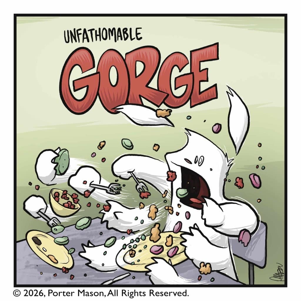 UNFATHOMABLE GORGE! The rabbit devours the entire table of food in a flurry of hands and forks and crumbs.