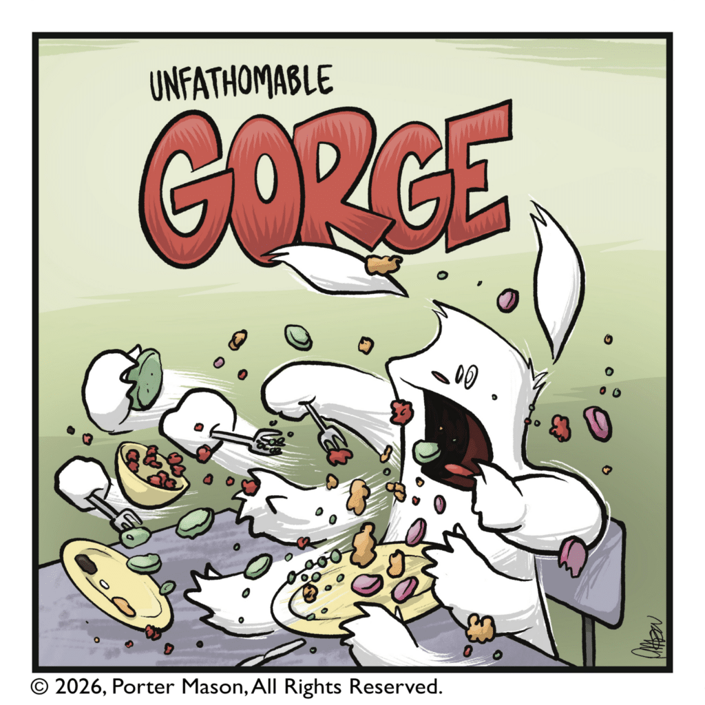 UNFATHOMABLE GORGE! The rabbit devours the entire table of food in a flurry of hands and forks and crumbs.
