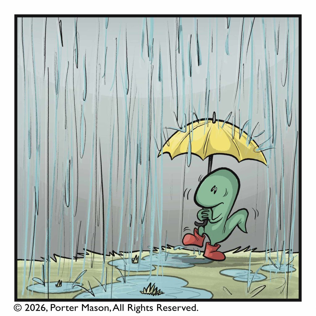 The lizard's umbrella is battered by the downpour.