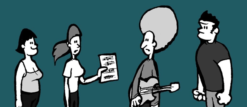 The Ambulance Men from Bassist Wanted at rehearsal, one of them holding up sheet music
